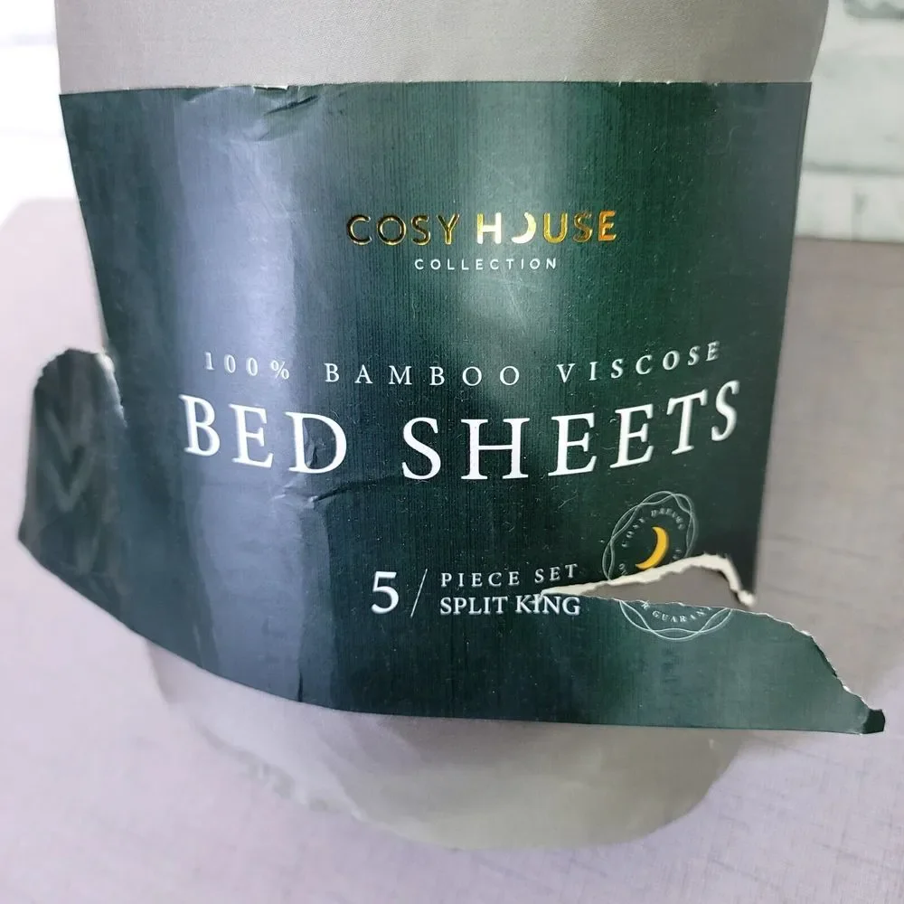 Cosy House Collection 100% Bamboo Grey SPLIT KING 5pc‎ Sheet Set Corner Straps